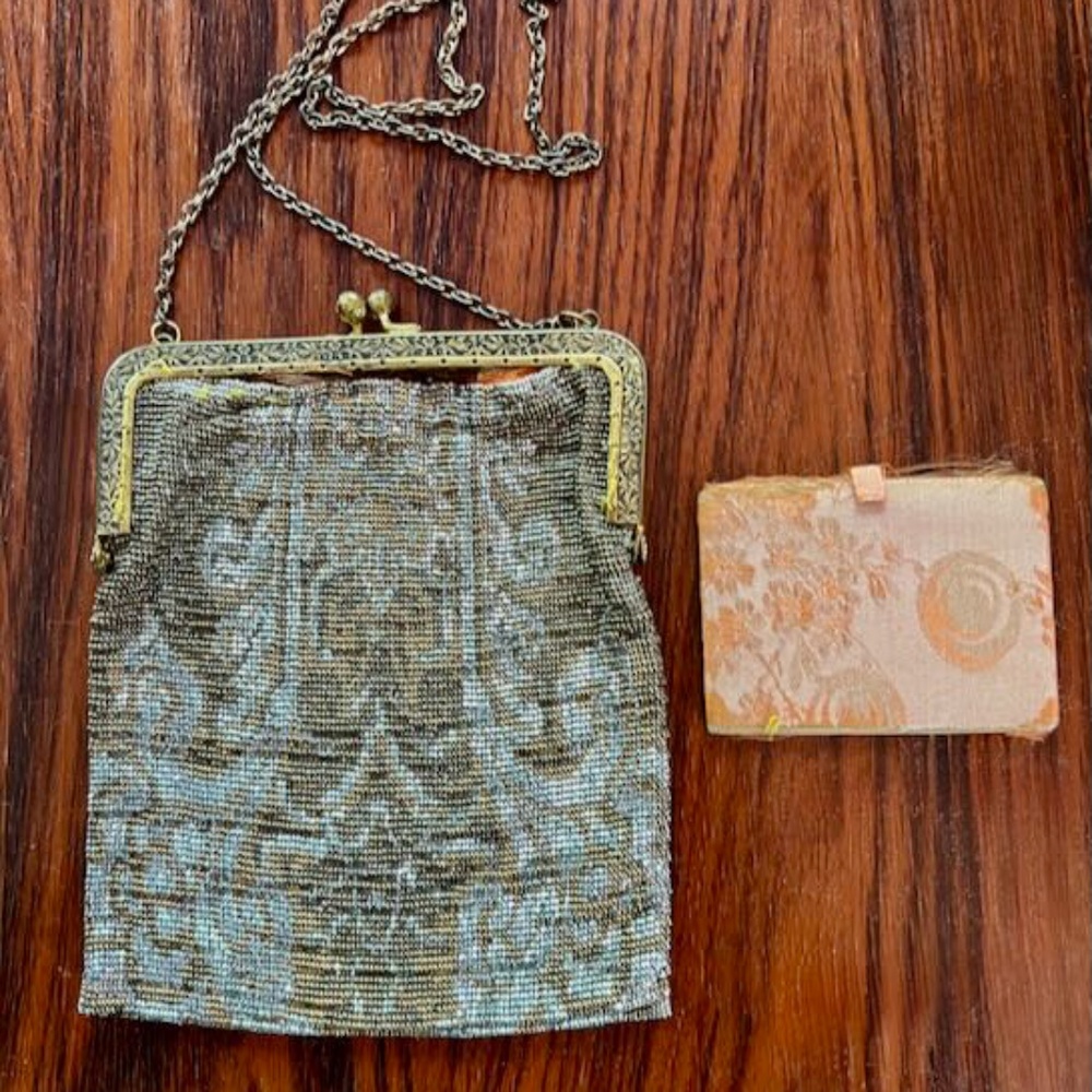 Antique 1920-30 Art Deco Beaded Purse Brass Chain Handle With Mirror